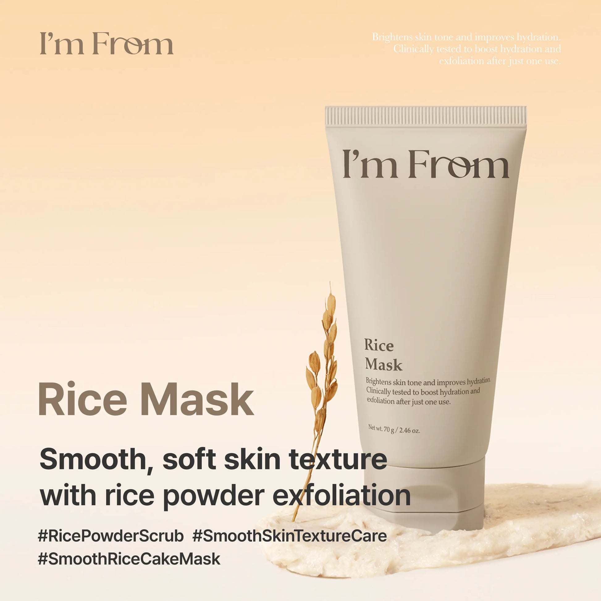 I'M from Rice Mask, Gentle Exfoliating & Hydrating Wash-Off Face Mask with Rice Powder for Glass Skin, Suitable for Sensitive Skin, 2.37 Fl Oz, Exfoliate, Organic, Moisture, Nourishing, Hypoallergenic Face Scrubs & Peels