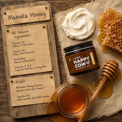 Harris Happy Cow Manuka Honey Grass-Fed Beef Tallow Moisturizer | Deep Hydration for Dry Skin | Made with Manuka Honey Extract | Handcrafted in Idaho | 2Oz