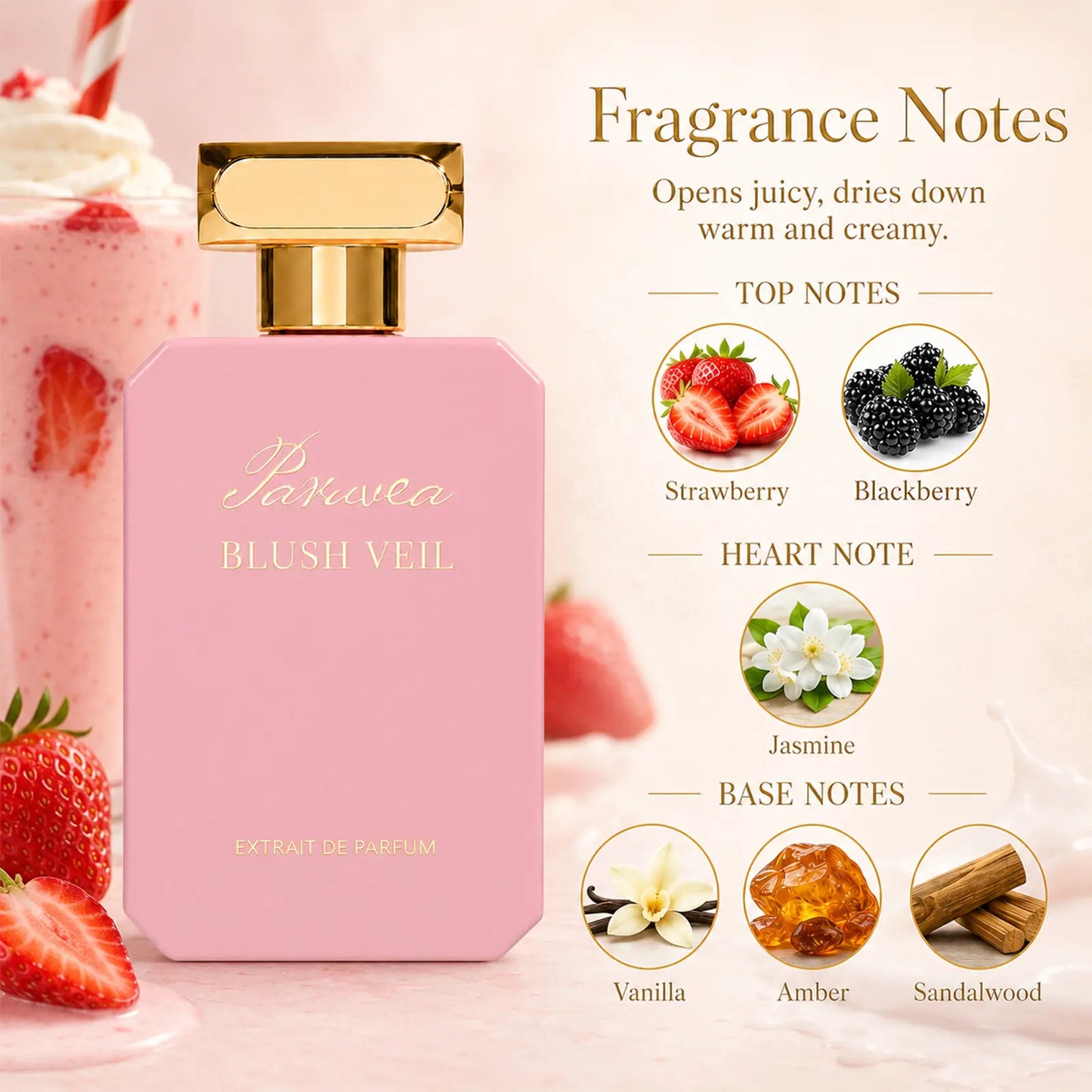 Paruvea Blush Veil Extrait De Parfum | Sweet Creamy Strawberry Milkshake | Blackberry Vanilla Jasmine | Soft Feminine Fruity Floral Perfume 100Ml (3.4 Fl Oz)