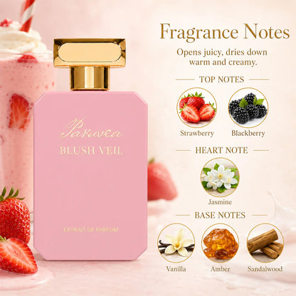 Paruvea Blush Veil Extrait De Parfum | Sweet Creamy Strawberry Milkshake | Blackberry Vanilla Jasmine | Soft Feminine Fruity Floral Perfume 100Ml (3.4 Fl Oz)