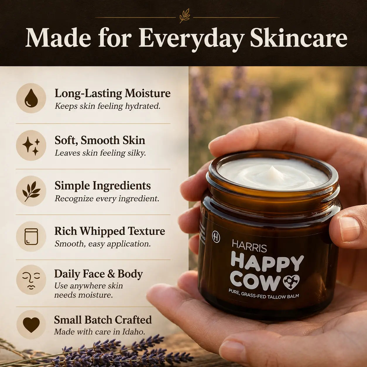 Harris Happy Cow Manuka Honey Grass-Fed Beef Tallow Moisturizer | Deep Hydration for Dry Skin | Made with Manuka Honey Extract | Handcrafted in Idaho | 2Oz