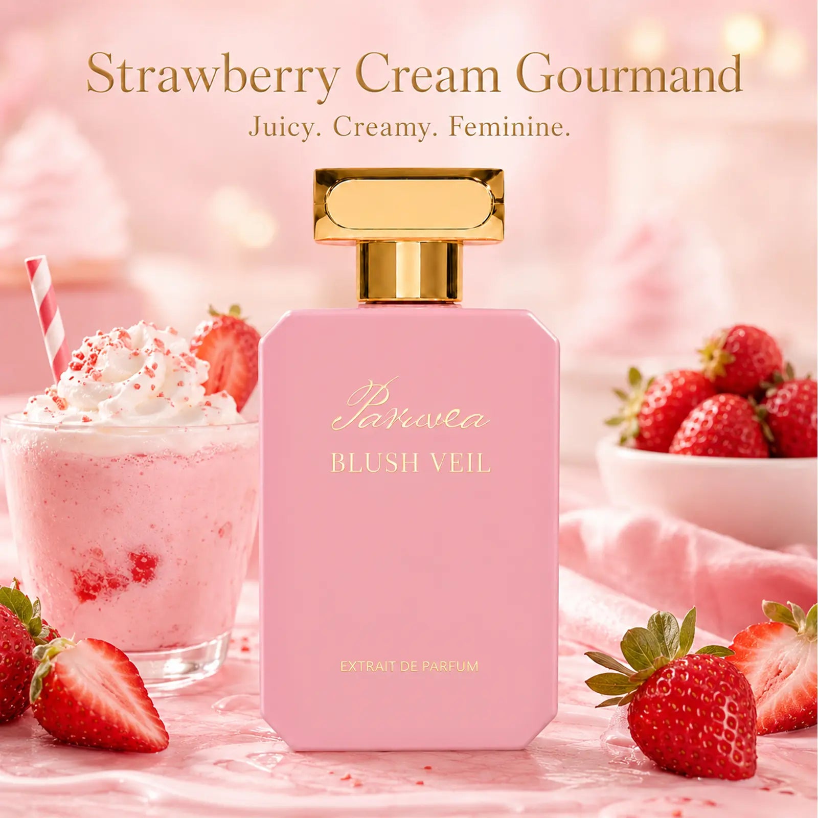Paruvea Blush Veil Extrait De Parfum | Sweet Creamy Strawberry Milkshake | Blackberry Vanilla Jasmine | Soft Feminine Fruity Floral Perfume 100Ml (3.4 Fl Oz)