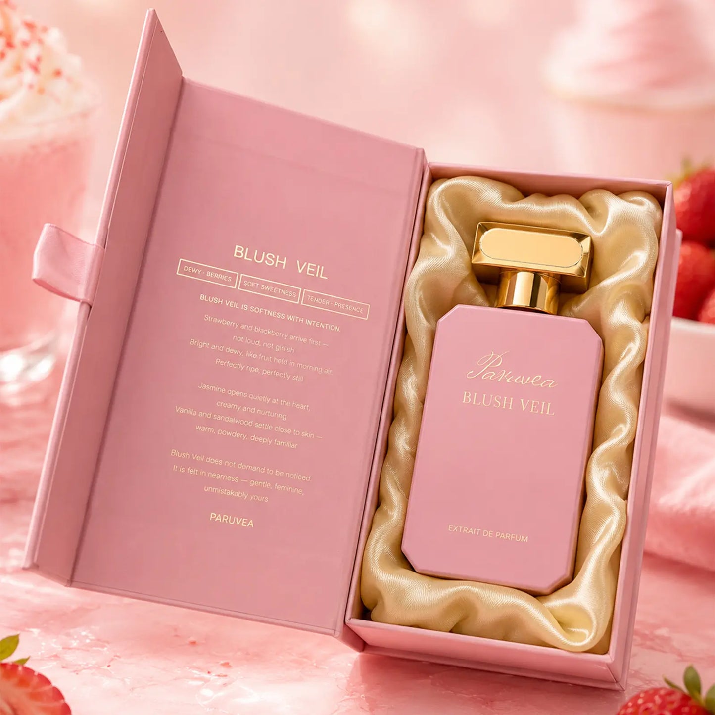 Paruvea Blush Veil Extrait De Parfum | Sweet Creamy Strawberry Milkshake | Blackberry Vanilla Jasmine | Soft Feminine Fruity Floral Perfume 100Ml (3.4 Fl Oz)