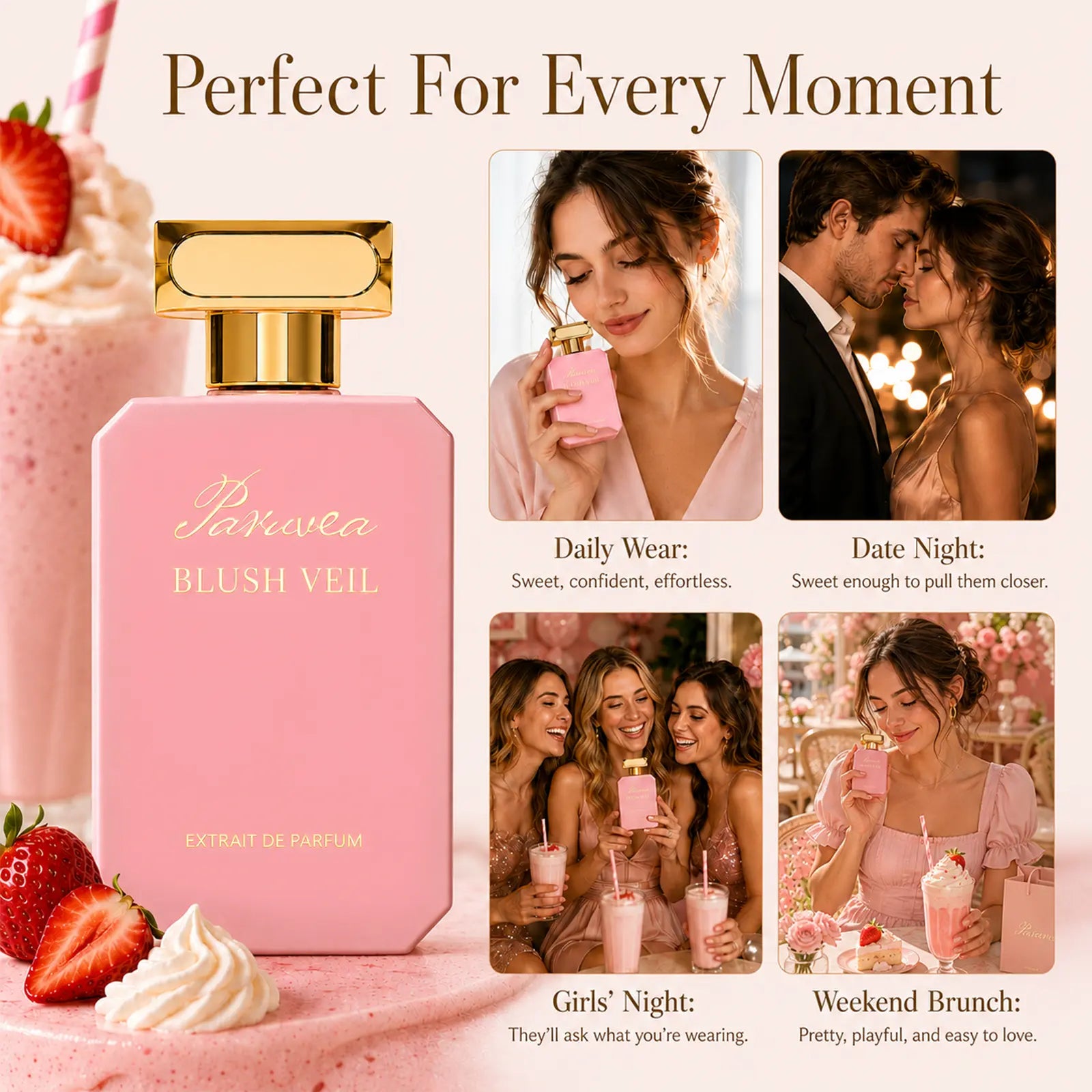 Paruvea Blush Veil Extrait De Parfum | Sweet Creamy Strawberry Milkshake | Blackberry Vanilla Jasmine | Soft Feminine Fruity Floral Perfume 100Ml (3.4 Fl Oz)